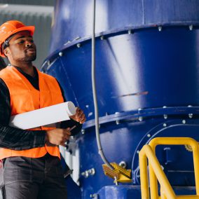 African american worker standing in uniform wearing a safety hat in a factory